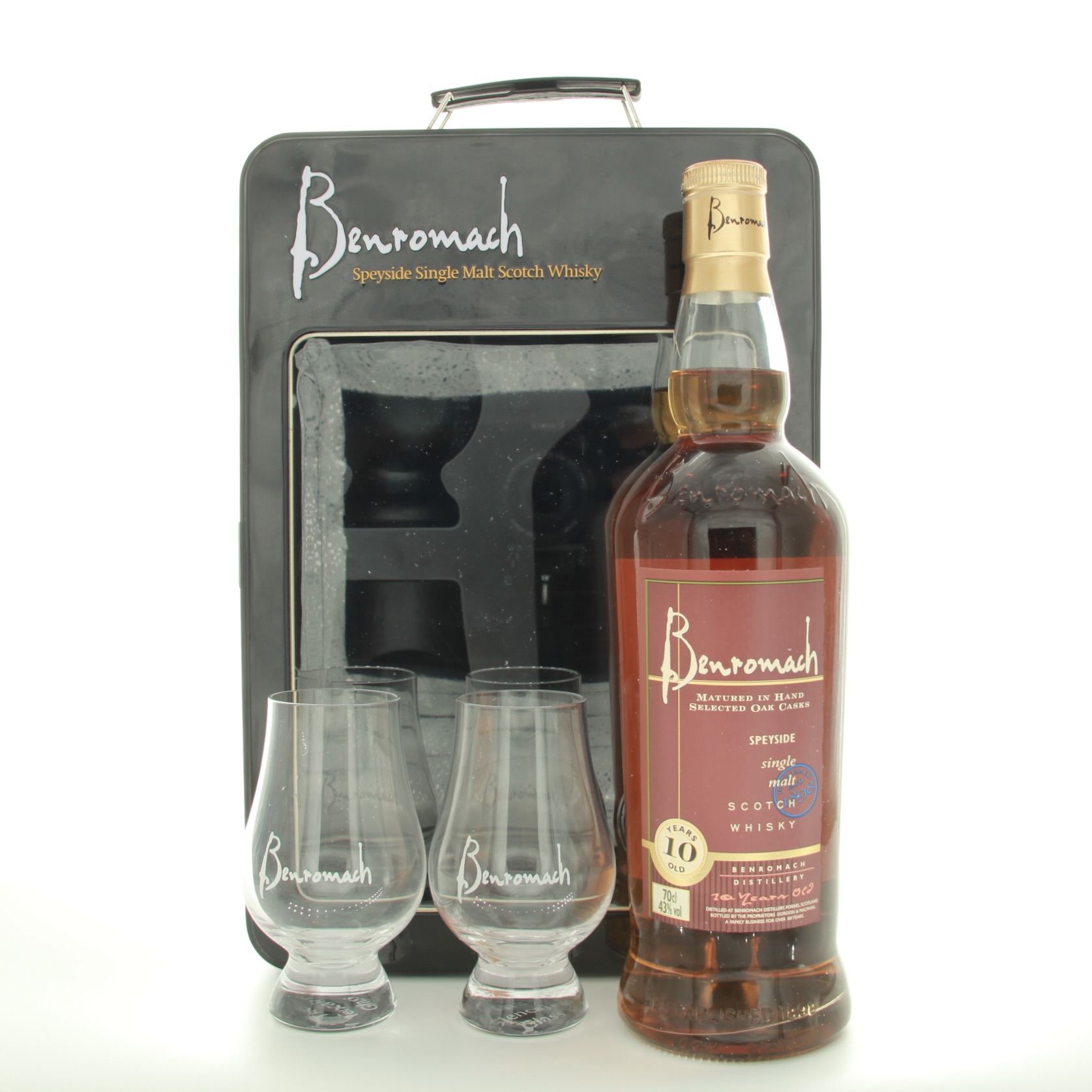 Benromach 10 Year Old Presentation Tin With Glasses 70cl 43% Scotland Speyside Whisky 