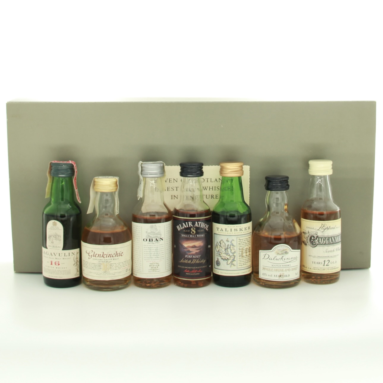 Seven of Scotland’s Finest Malt Whiskies in Miniatures 1990s 35cl 5cl 40% 43% 45.8% Scotland Whisky