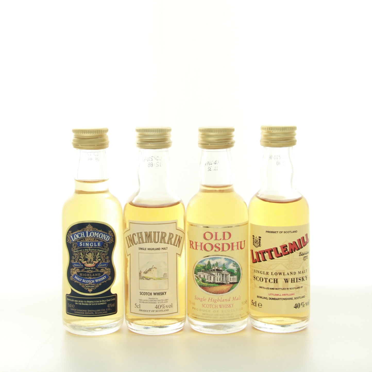 Littlemill, Loch Lomond, Old Rhosdhu, Inchmurrin Miniature Set (1980s Editions) 20cl 40% Highlands Lowlands Scotland Whisky 