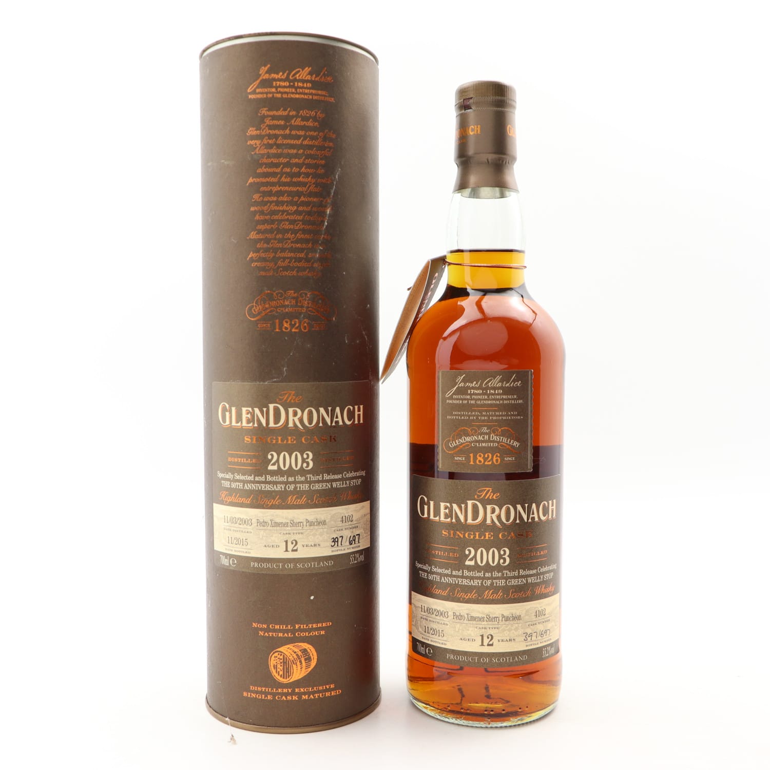 Glendronach 2003 12 Year Old Single Cask #4102 Green Welly Stop 50th Anniversary Whisky