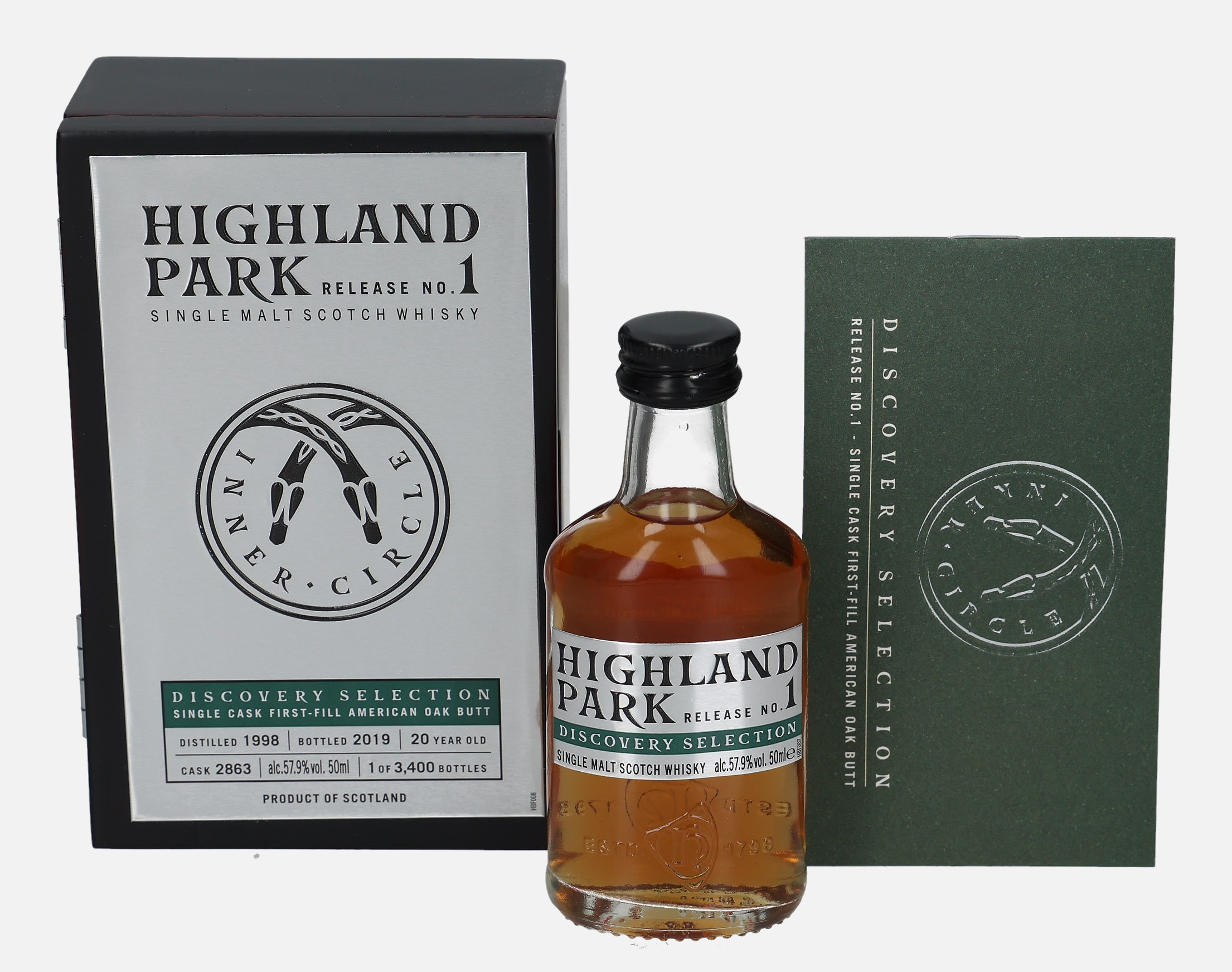 Highland Park Discovery Selection, Original Bottling d. 1998, b. 2019 20 years old cask no. 2863 Release No.1 Matured in First Fill American Oak Butt 57.9% Vol, 50 ml Whisky 
