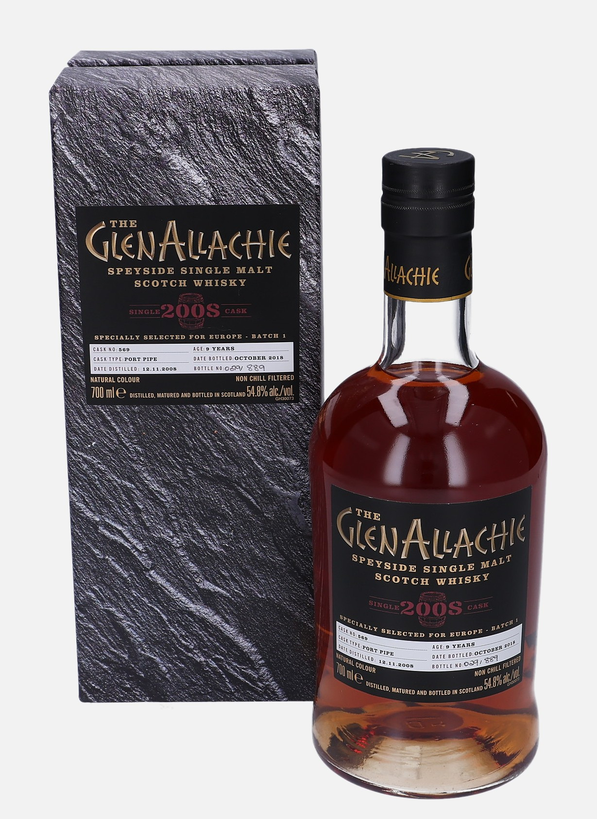 Glenallachie Original Bottling d. 12.11.2008, b. October 2018 9 years old cask no. 569 Batch 1 Matured in Port Pipe 54.8% Vol, 700 ml Whisky 
