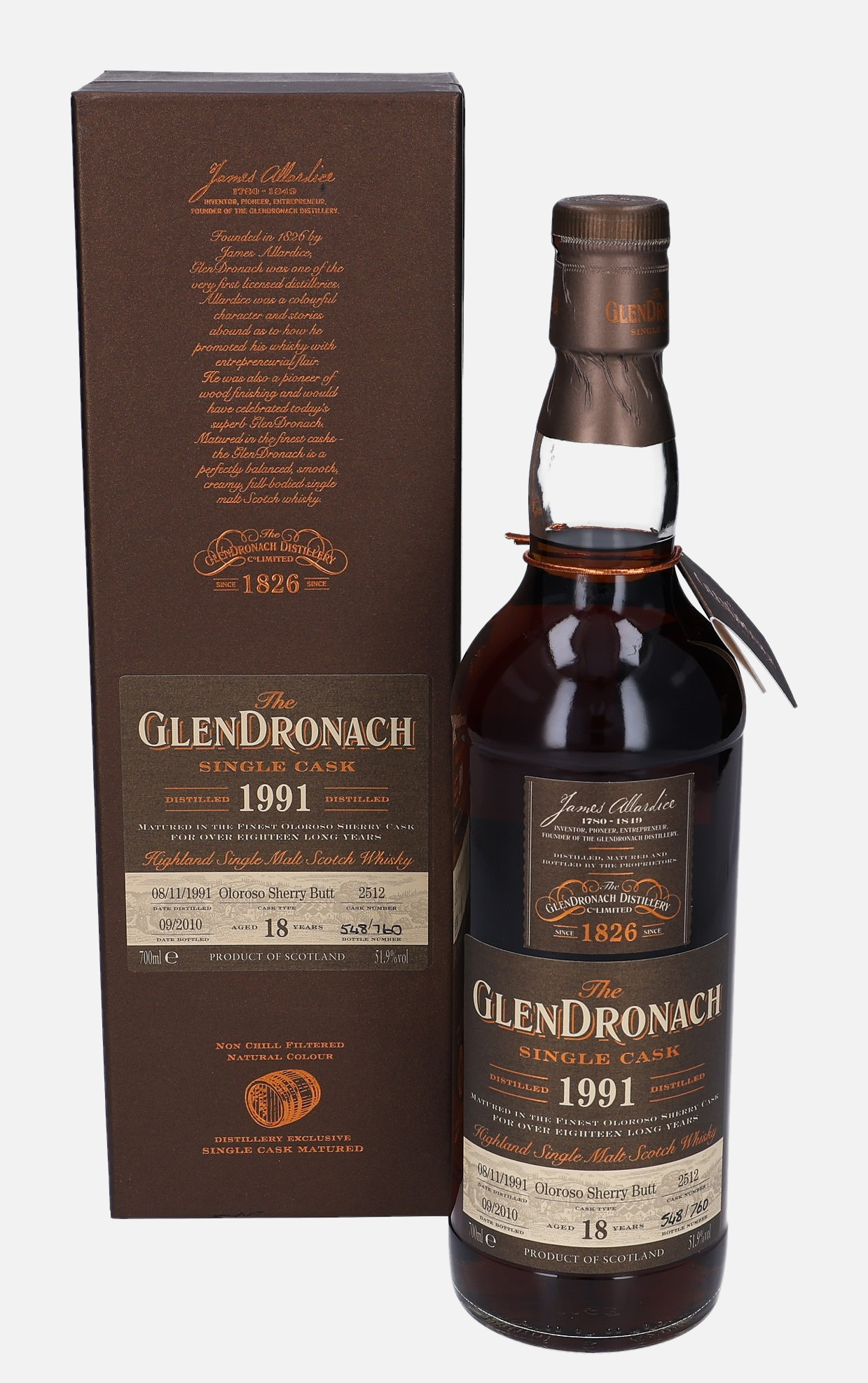 Glendronach Original Bottling d. 8.11.1991, b. 9.2010 18 years old cask no. 2512 Matured in Oloroso Sherry Butt 51.9% Vol, 700 ml Whisky