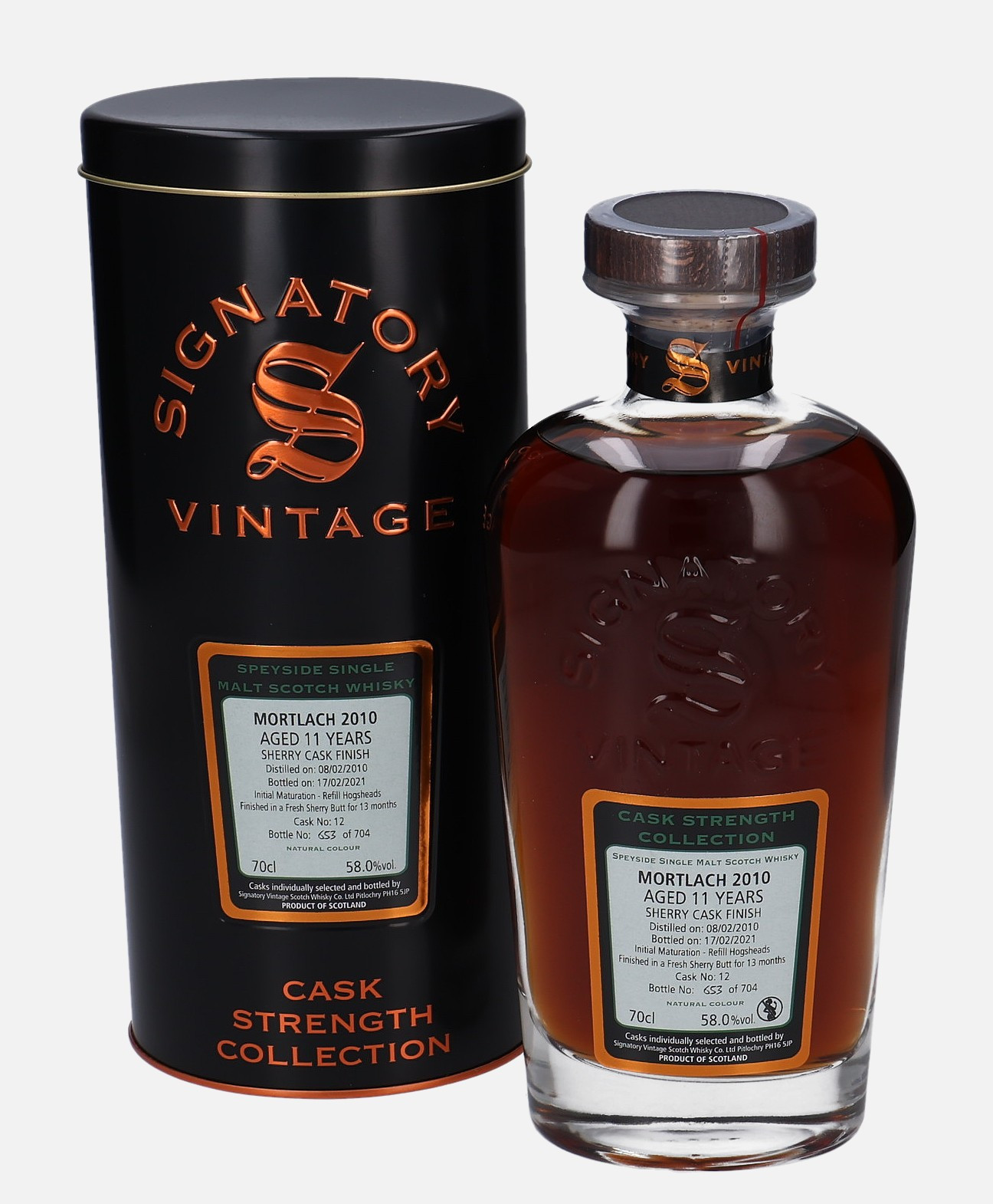 Mortlach Signatory Vintage Scotch Whisky Co. Ltd. d. 8.2.2010, b. 17.2.2021 11 years old cask no. 12 Matured in Refill Hogshead Finished in Fresh Sherry Butt 58% Vol, 700 ml Whisky 