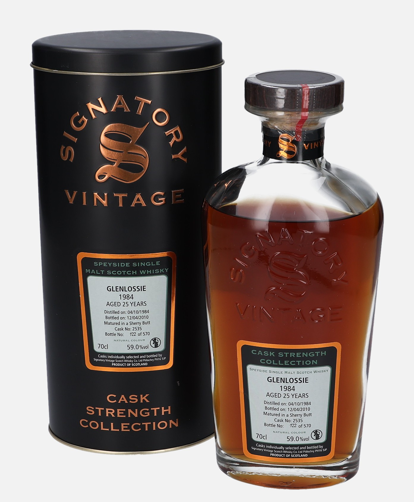Glenlossie Signatory Vintage Scotch Whisky Co. Ltd. d. 4.10.1984, b. 12.4.2010 25 years old cask no. 2535 Matured in Sherry Butt 59% Vol, 700 ml Whisky 