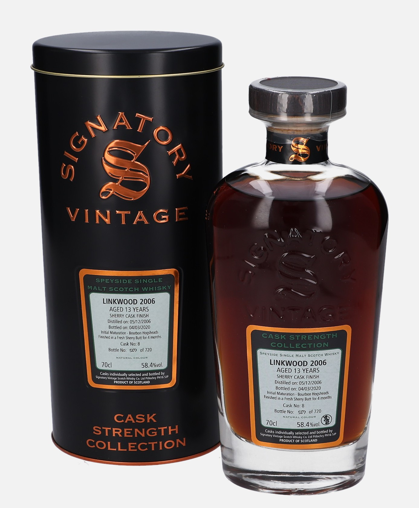 Linkwood Signatory Vintage Scotch Whisky Co. Ltd. d. 5.12.2006, b. 4.3.2020 13 years old cask no. 8 Matured in Bourbon Hogshead Finished in Sherry Butt 58.4% Vol, 700 ml Whisky