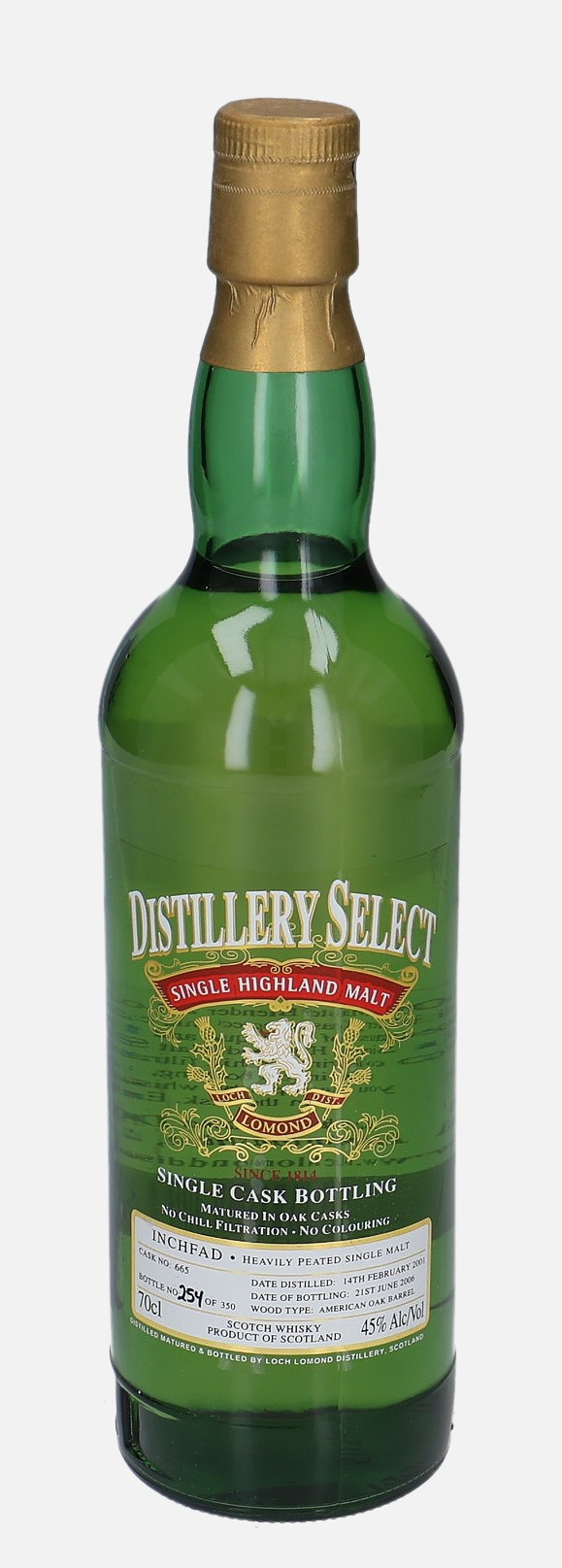 Loch Lomond Inchfad, Original Bottling d. 14.February 2001, b. 21.June 2006 cask no. 665 Matured in American Oak Barrel 45% Vol, 700 ml Whisky 