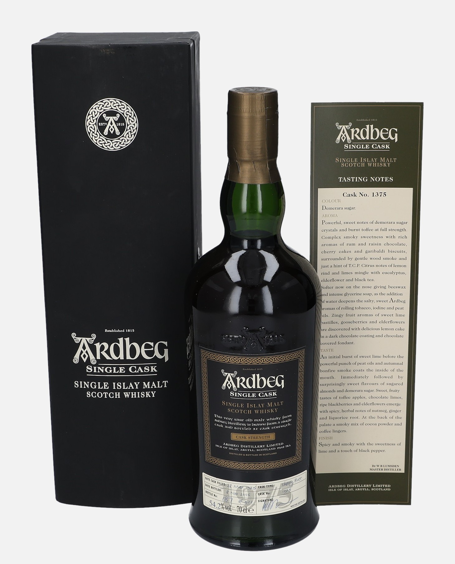 Ardbeg Original Bottling d. 28.March 1975, b. 8.November 2006 cask no. 1375 Matured in Sherry Butt 54.2% Vol, 700 ml Whisky