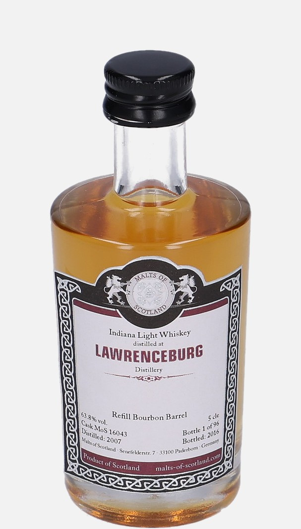 Lawrenceburg Distillery Malts of Scotland d. 2007, b. 2016 cask no. MoS 16043 Indiana Light Whiskey Matured in Refill Bourbon Barrel 63.8% Vol, 50 ml Uncategorized 