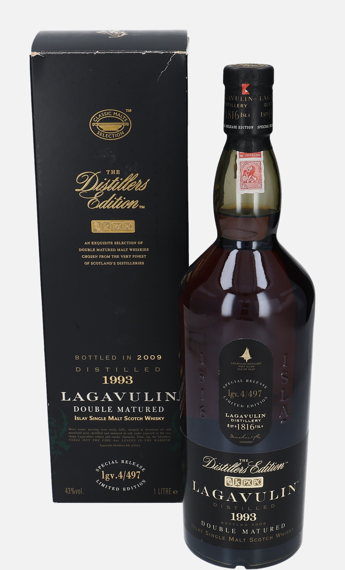 Lagavulin Original Bottling d. 1993, b. 2009 lgv. 4/497 Islay Single Malt Scotch Whisky Finished in Pedro Ximenez Cask 43% Vol, 1000 ml Uncategorized