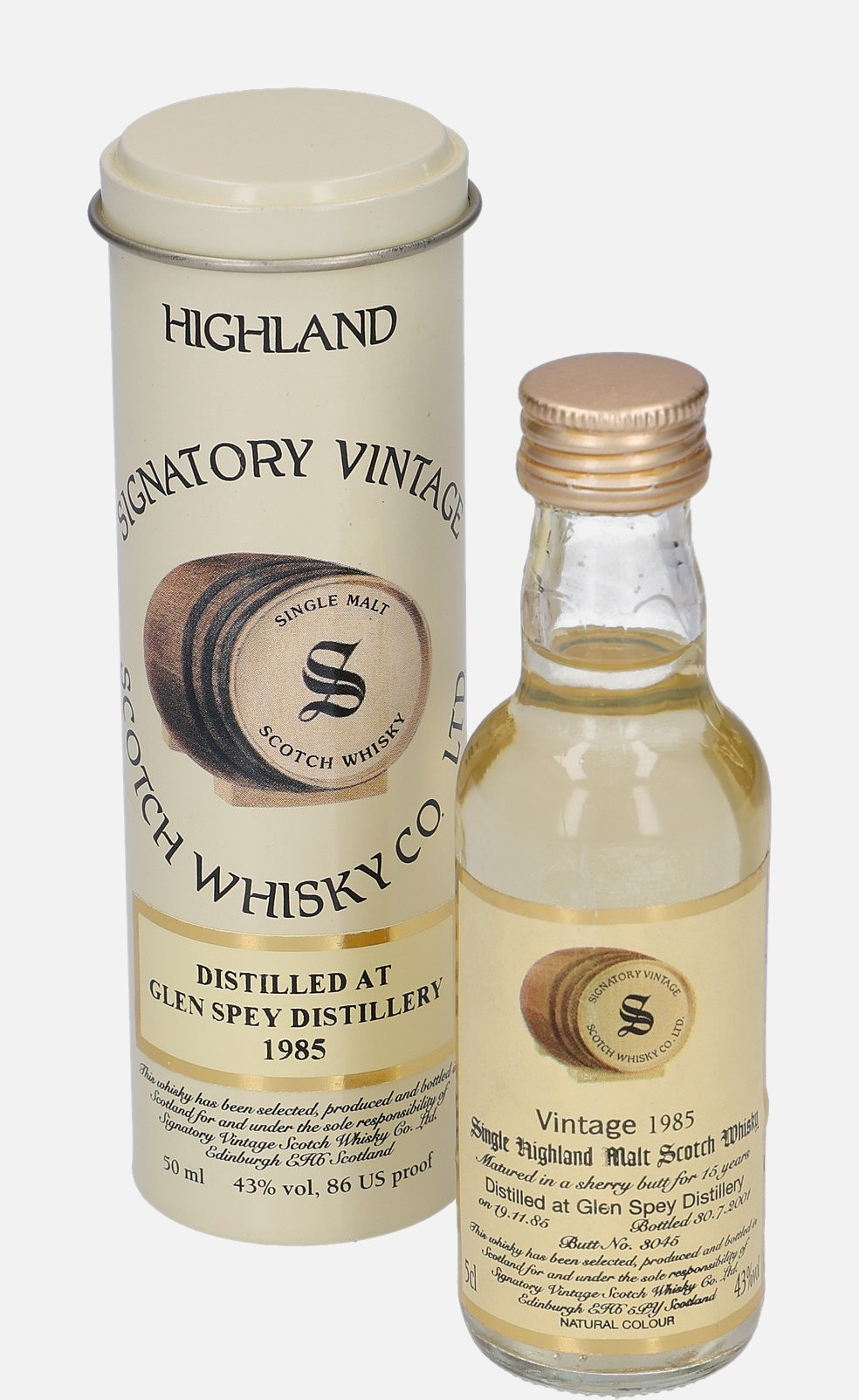 Glen Spey Signatory Vintage Scotch Whisky Co. Ltd. d. 19.11.1985, b. 30.7.2001 15 years old cask no. 3045 Single Highland Malt Scotch Whisky Matured in Sherry Butt 43% Vol, 50 ml Uncategorized 