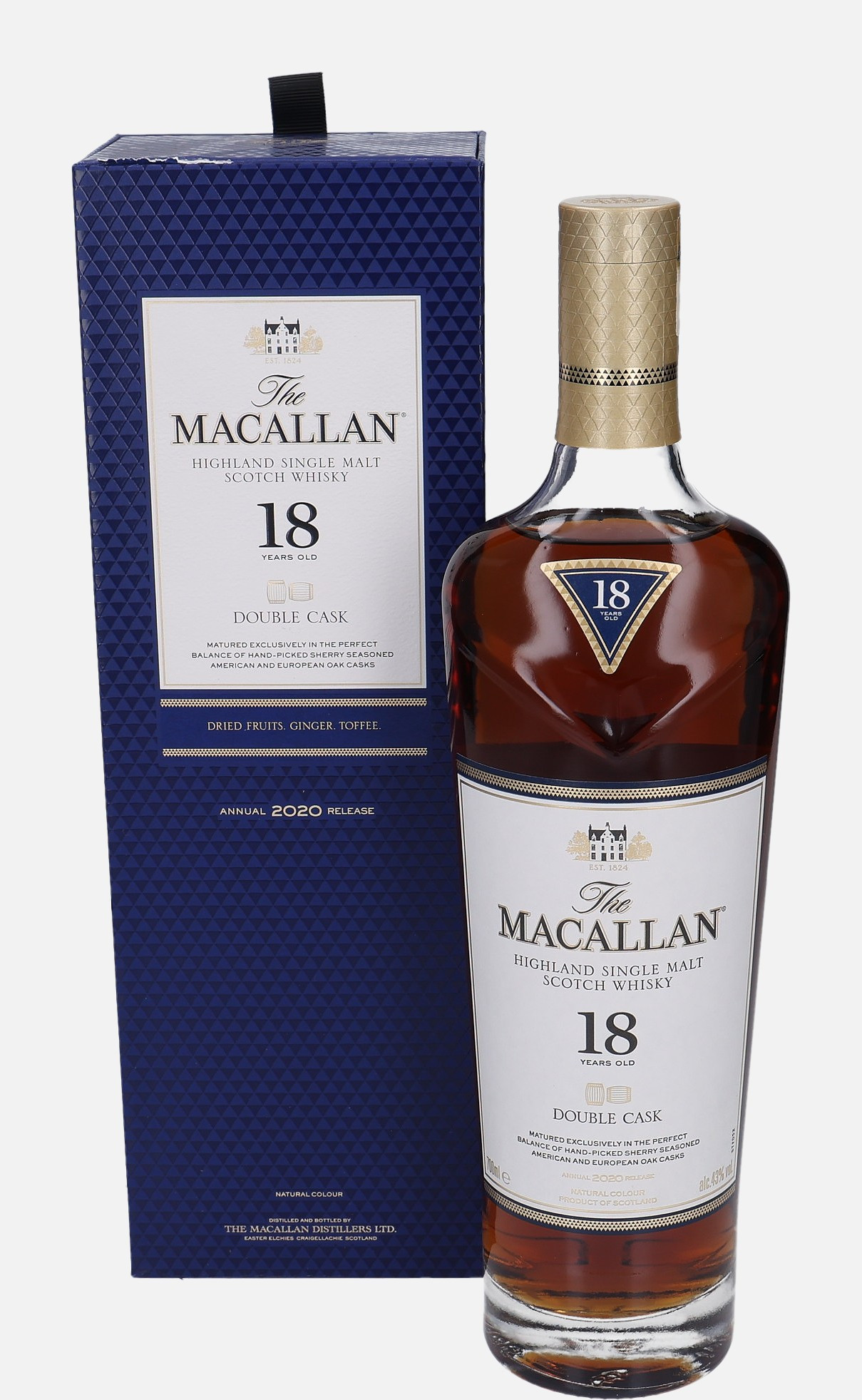 Macallan Double Cask, Original Bottling b. 2020 18 years old Annual 2020 Release Highland Single Malt Scotch Whisky Matured in Hand-Picked Sherry Seasoned American and European Oak Casks 43% Vol, 700 ml Uncategorized 