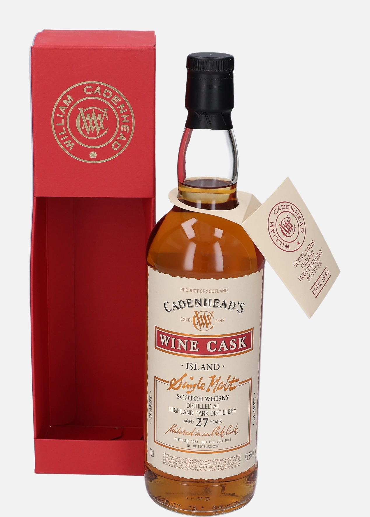Highland Park Wm. Cadenhead d. 1988, b. July 2015 27 years old Single Malt Scotch Whisky Matured in Oak Cask Finished in Claret Wine Cask 53.3% Vol, 700 ml Uncategorized 