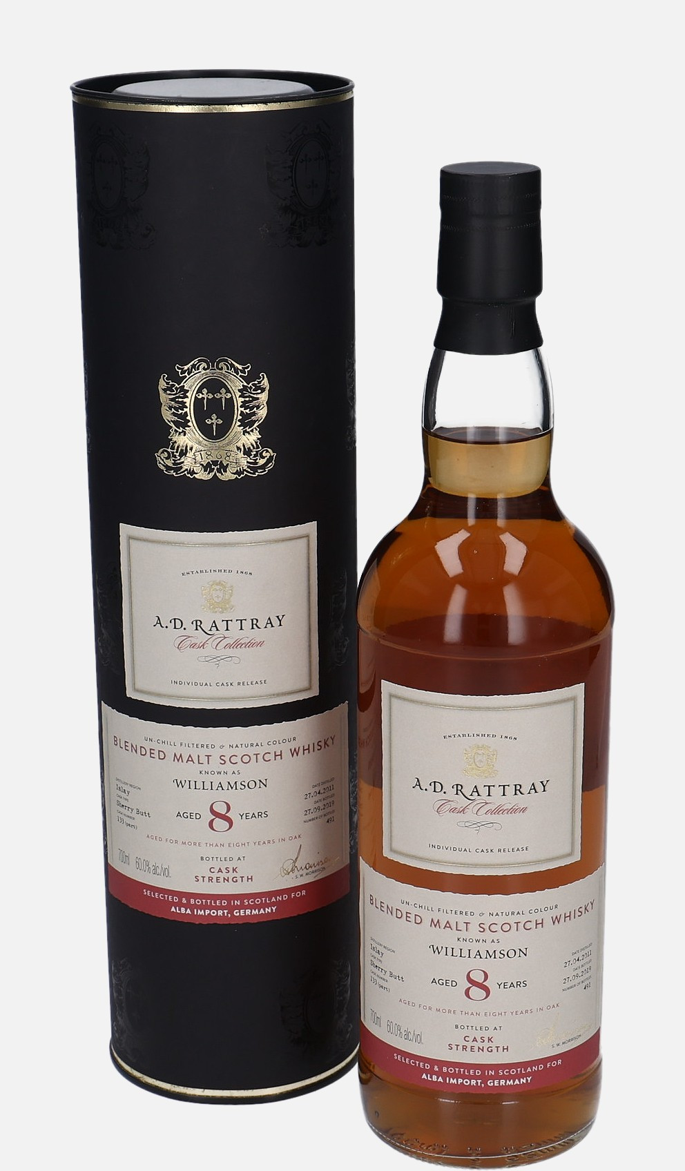 Williamson A. D. Rattray d. 27.4.2011, b. 27.9.2019 8 years old cask no. 133 (part) Blended Malt Scotch Whisky Matured in Sherry Butt 60% Vol, 700 ml Uncategorized 