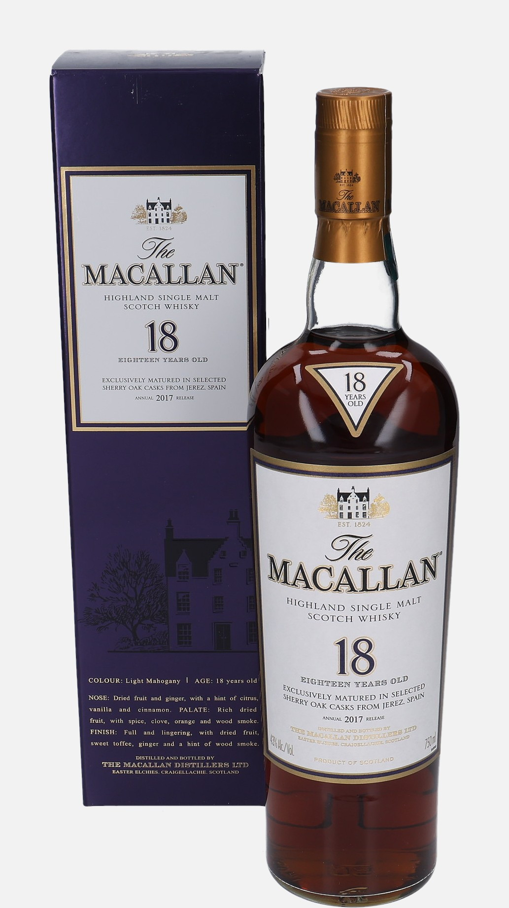 Macallan Original Bottling b. 2017 18 years old Annual 2017 Release Highland Single Malt Scotch Whisky Matured in Sherry Oak Cask 43% Vol, 750 ml Uncategorized 