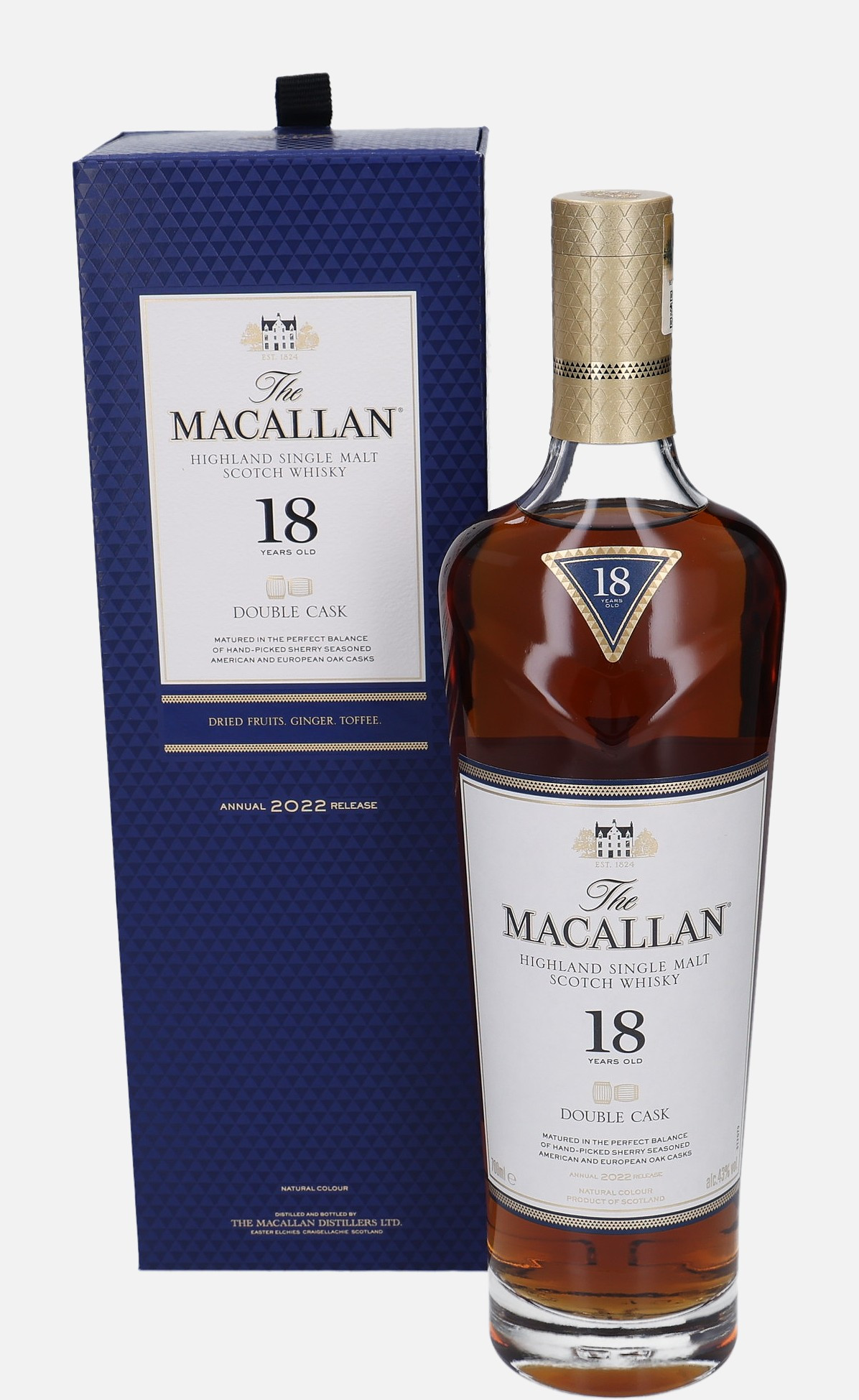 Macallan Double Cask, Original Bottling b. 2022 18 years old Annual 2022 Release Highland Single Malt Scotch Whisky Matured in Hand-Picked Sherry Seasoned American and European Oak Casks 43% Vol, 700 ml Uncategorized 