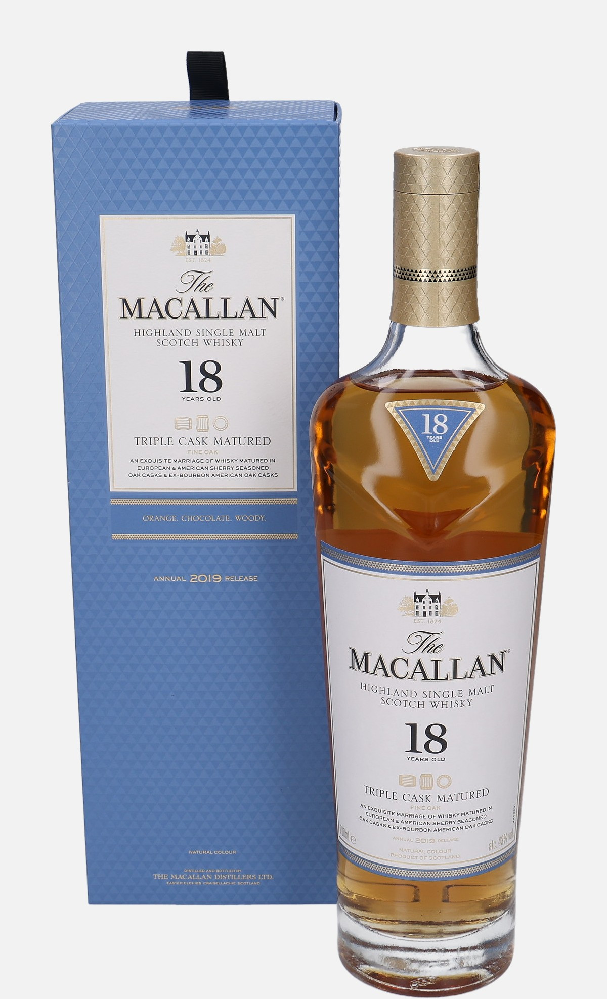 Macallan Original Bottling 18 years old Annual 2019 Release Highland Single Malt Scotch Whisky Matured in European & American Sherry Seasoned Oak Casks & Ex-Bourbon American Oak Casks 43% Vol, 700 ml Uncategorized 