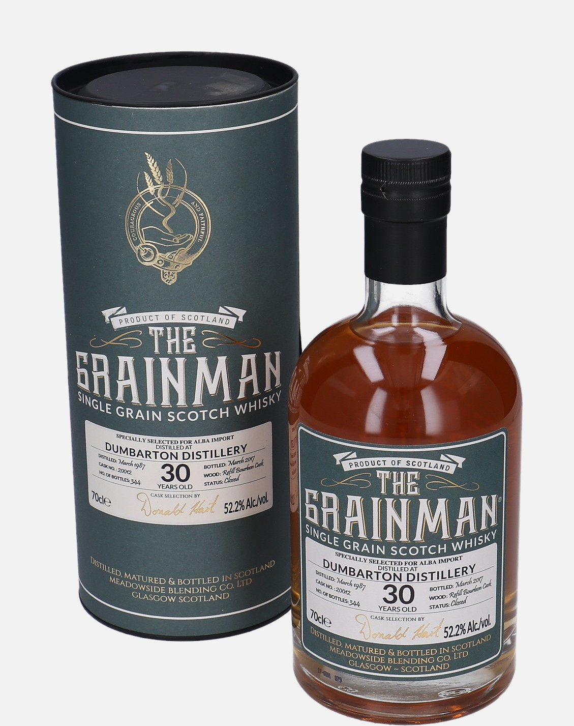 Dumbarton Meadowside Blending Co. Ltd. d. March 1987, b. March 2017 30 years old cask no. 20012 Single Grain Scotch Whisky Matured in Refill Bourbon Cask 52.2% Vol, 700 ml Uncategorized 