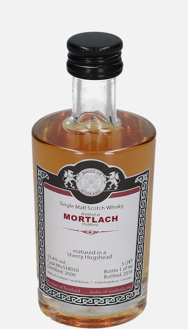 Mortlach Malts of Scotland d. 2006, b. 2018 cask no. MoS 18030 Single Malt Scotch Whisky Matured in Sherry Hogshead 53.4% Vol, 50 ml Uncategorized 