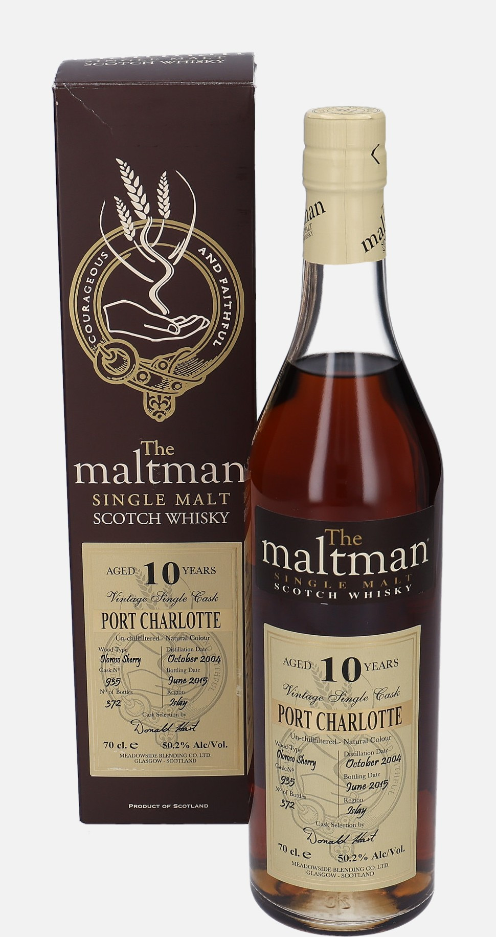Bruichladdich Port Charlotte, Meadowside Blending Co. Ltd. d. October 2004, b. June 2015 10 years old cask no. 935 Single Malt Scotch Whisky Matured in Oloroso Sherry Cask 50.2% Vol, 700 ml Uncategorized 