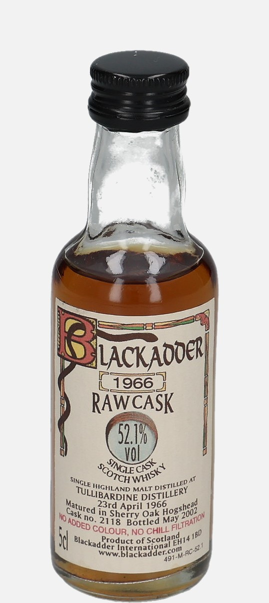 Tullibardine Blackadder International d. 23.April 1966, b. May 2002 cask no. 2118 Single Malt Scotch Whisky Matured in Sherry Hogshead 52.1% Vol, 50 ml Uncategorized 