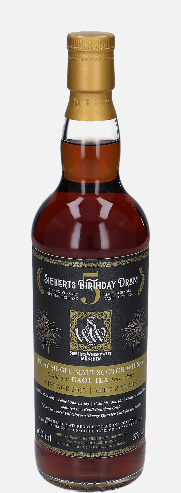 Caol Ila Sieberts Birthday Dram, The Caskhound d. 27.1.2015, b. 6.3.2023 8 years old cask no. 3000361 Single Malt Scotch Whisky Matured in Refill Bourbon Cask Finished in First Fill Oloroso Quarter Cask 57.6% Vol, 700 ml Uncategorized 