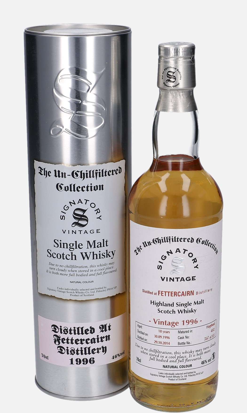 Fettercairn Signatory Vintage Scotch Whisky Co. Ltd. d. 30.9.1996, b. 29.10.2014 18 years old cask no. 4352 Highland Single Malt Scotch Whisky Matured in Hogshead 46% Vol, 700 ml Uncategorized 