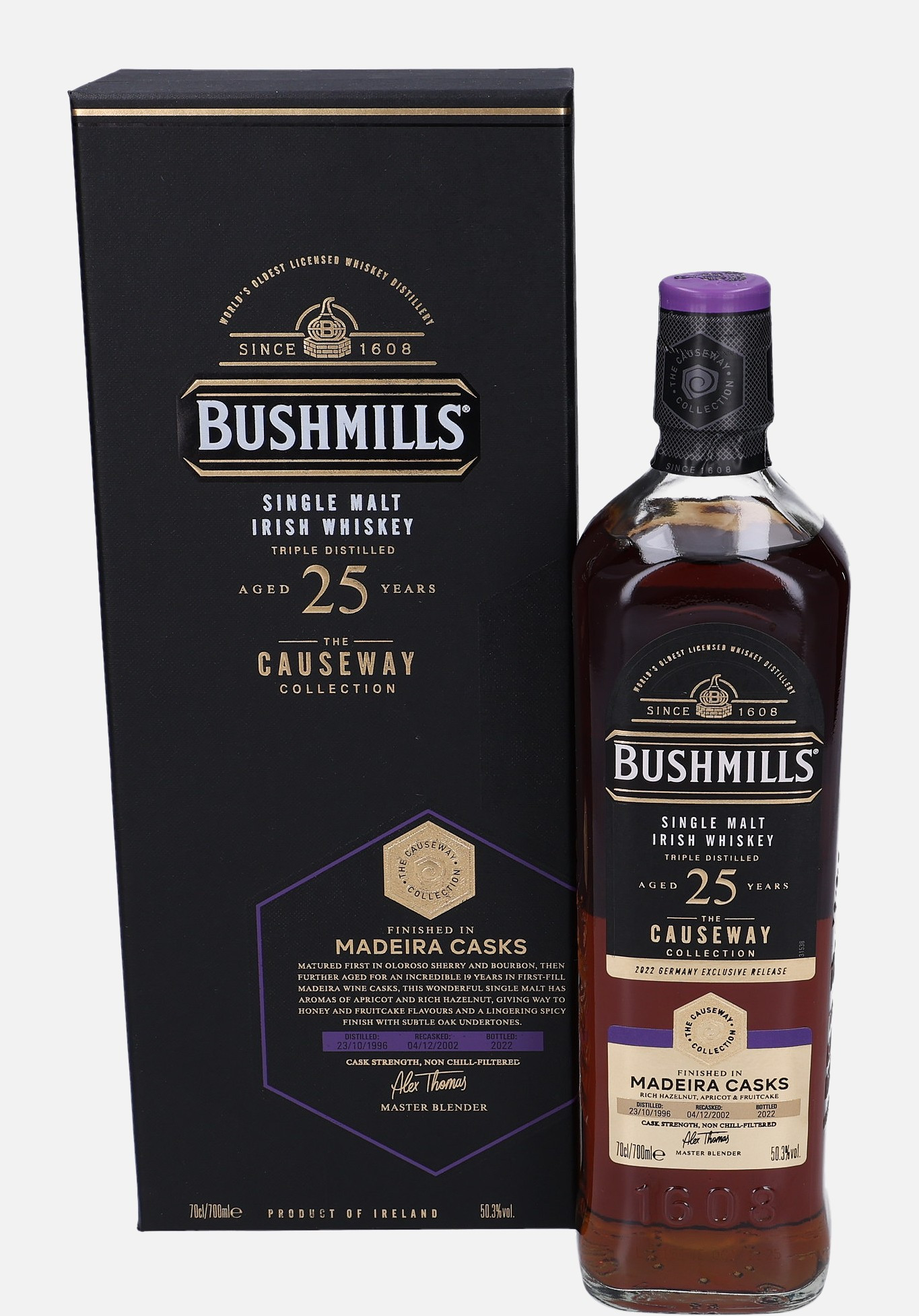 Bushmills The Causeway Collection d. 23.10.1996, b. 2022 25 years old Single Malt Irish Whiskey Matured in Oloroso Sherry & Bourbon Casks Finished in Madeira Cask 50.3% Vol, 700 ml Uncategorized