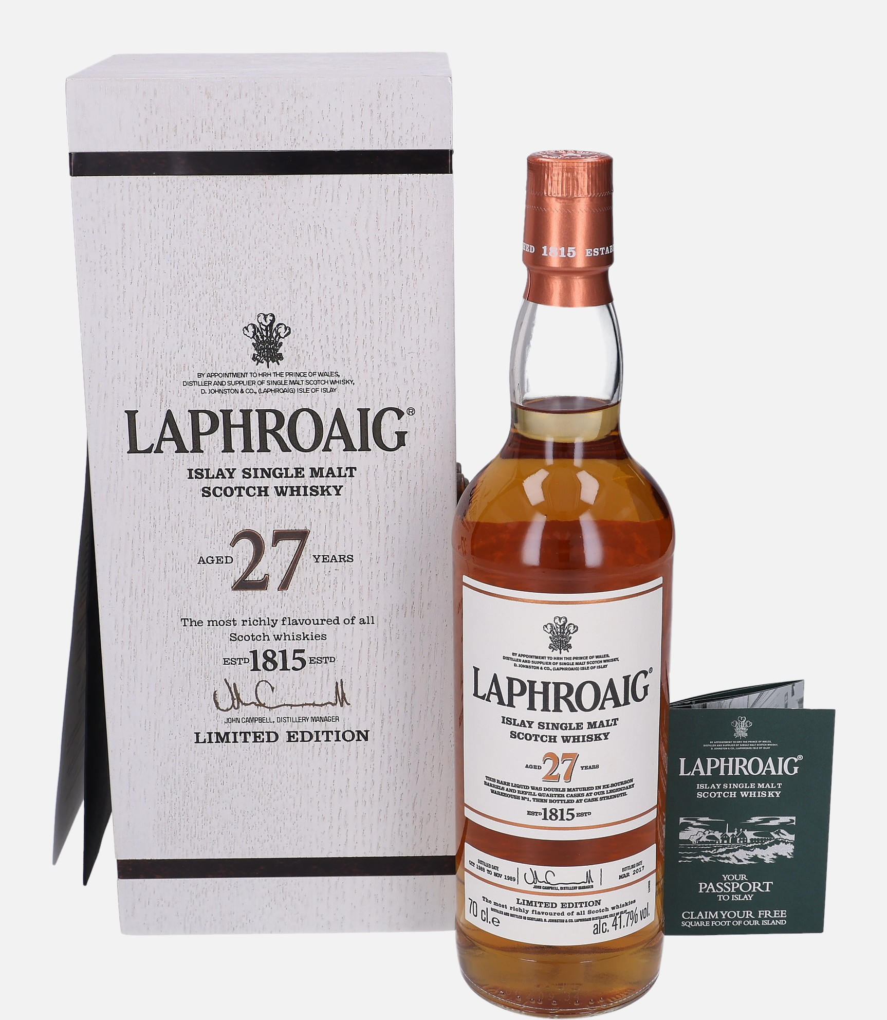 Laphroaig Original Bottling d. OCT 1988 to NOV 1989, b. March 2017 27 years old Islay Single Malt Scotch Whisky Matured in First Fill Bourbon Cask 41.7% Vol, 700 ml Whisky