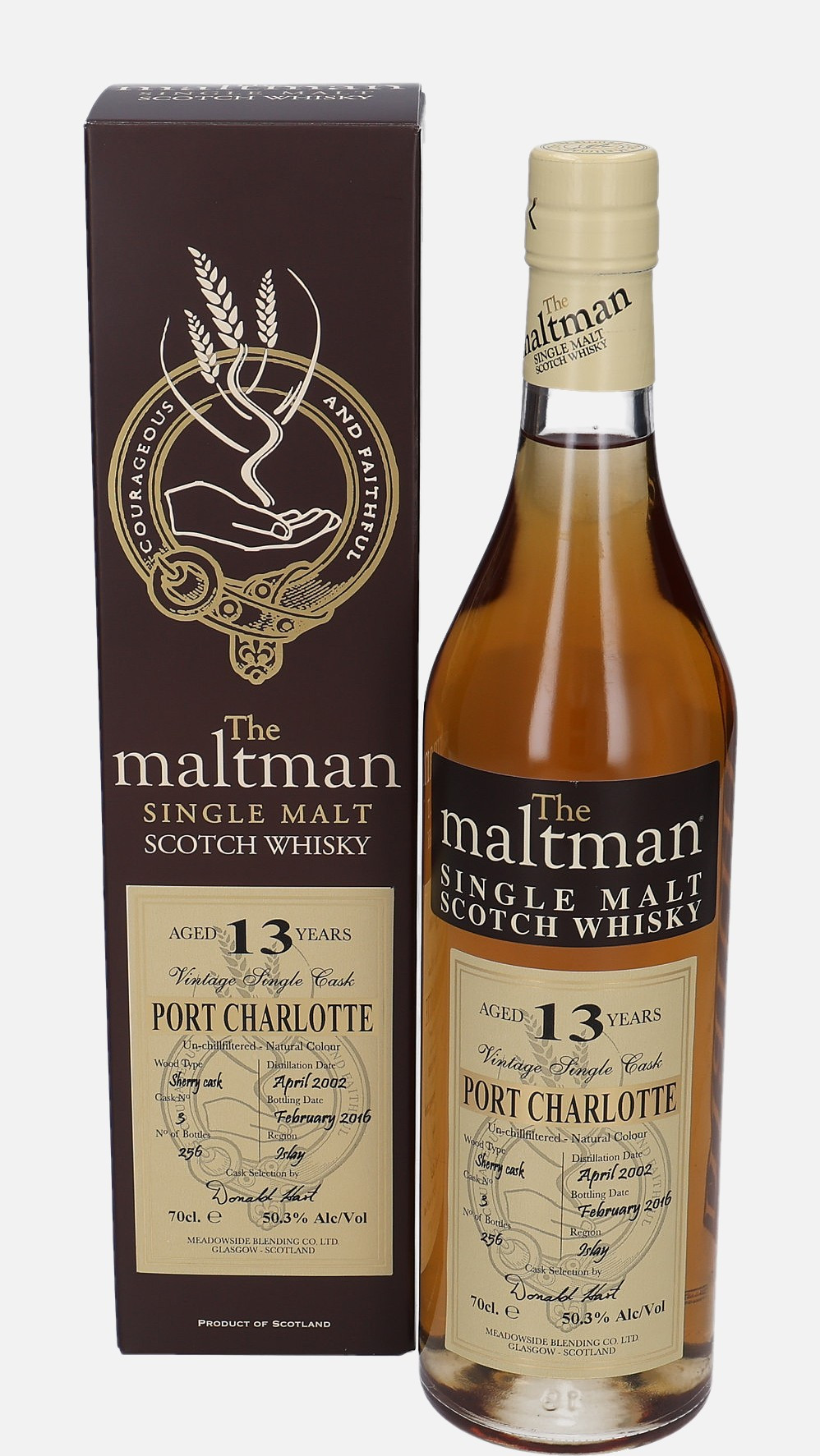 Bruichladdich Port Charlotte, Meadowside Blending Co. Ltd. d. April 2002, b. February 2016 13 years old cask no. 3 Single Malt Scotch Whisky Matured in Sherry Cask 50.3% Vol, 700 ml Whisky 