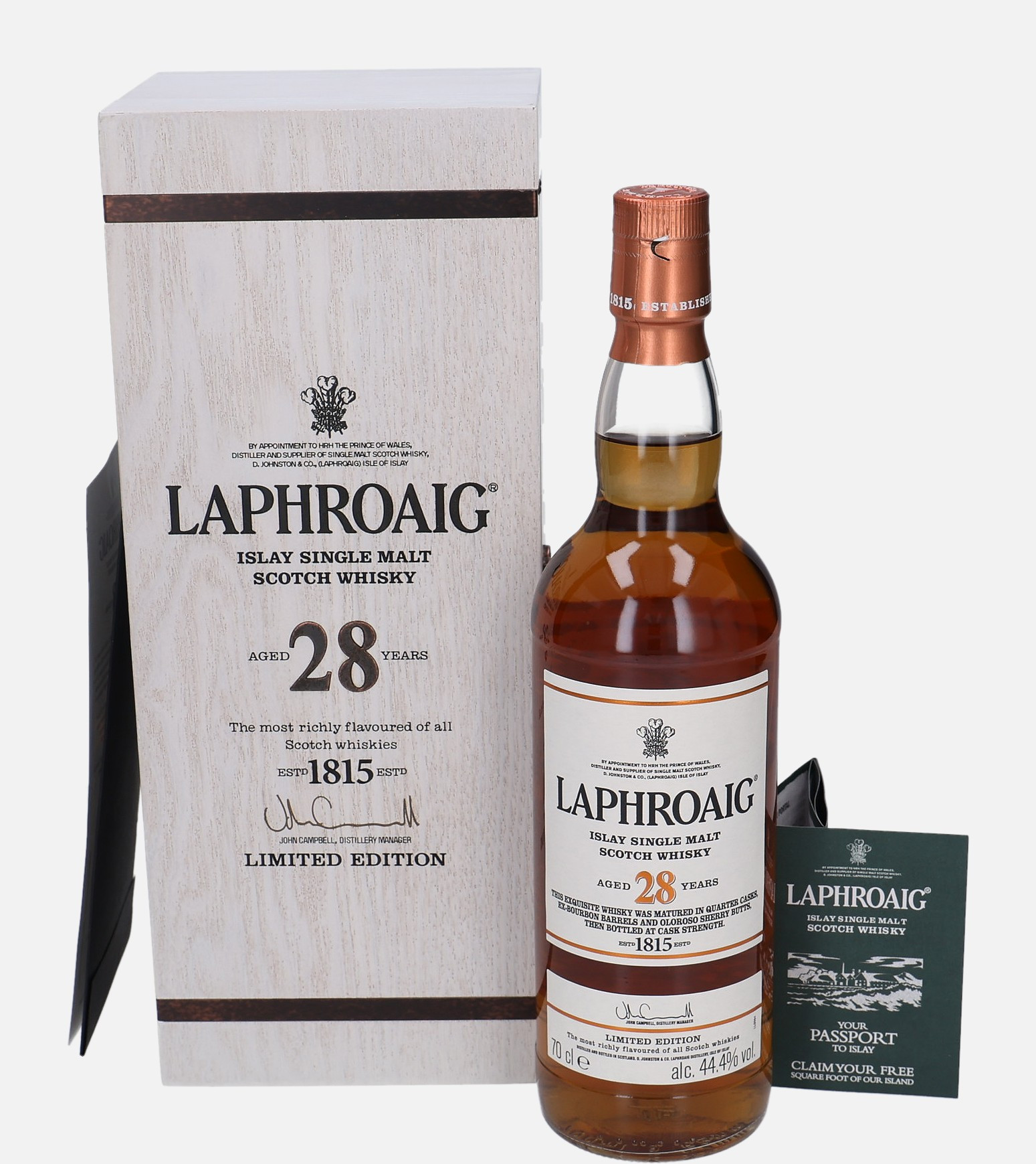 Laphroaig Original Bottling 28 years old Islay Single Malt Scotch Whisky Matured in Ex-Bourbon, Quarter and Oloroso Sherry Cask 44.4% Vol, 700 ml Whisky