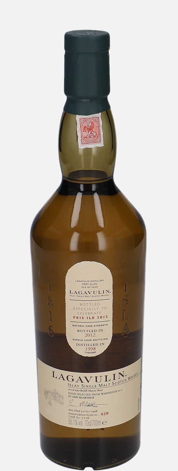 Lagavulin Original Bottling d. 23.2.1998, b. 2012 cask no. 1716 Islay Single Malt Scotch Whisky Matured in Refill Sherry Butt 55.1% Vol, 700 ml Whisky 