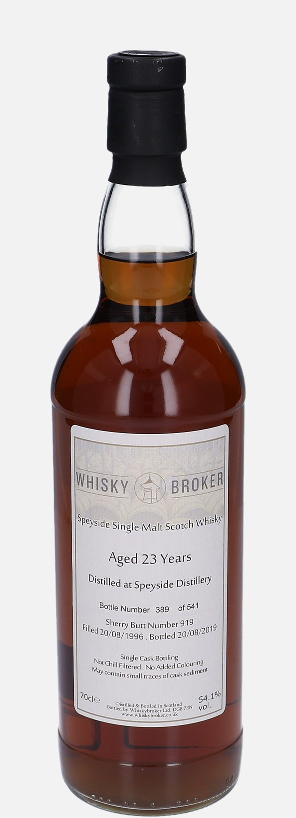 Speyside Whiskybroker.co.uk d. 20.8.1996, b. 20.8.2019 23 years old cask no. 919 Speyside Single Malt Scotch Whisky Matured in Sherry Butt 54.1% Vol, 700 ml Whisky