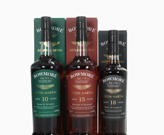 Bowmore – 10, 15 + 18 Year Old (Aston Martin) 2×1 Litre & 1x70cl Whisky 