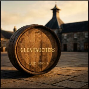 Glentauchers 2008 bourbon cask 900683 in front of the distillery